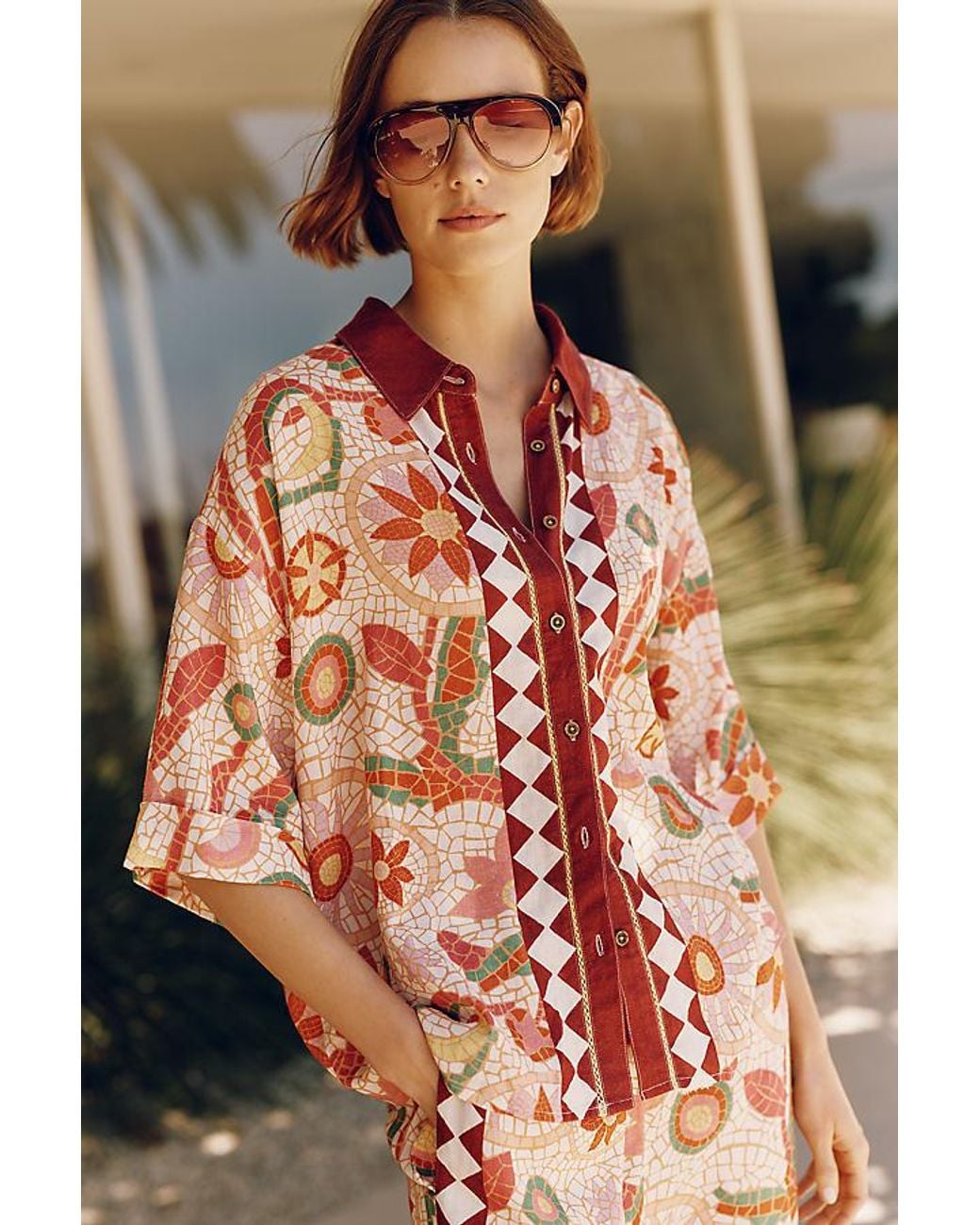 Celandine Orange Linen-Blend Printed Shirt