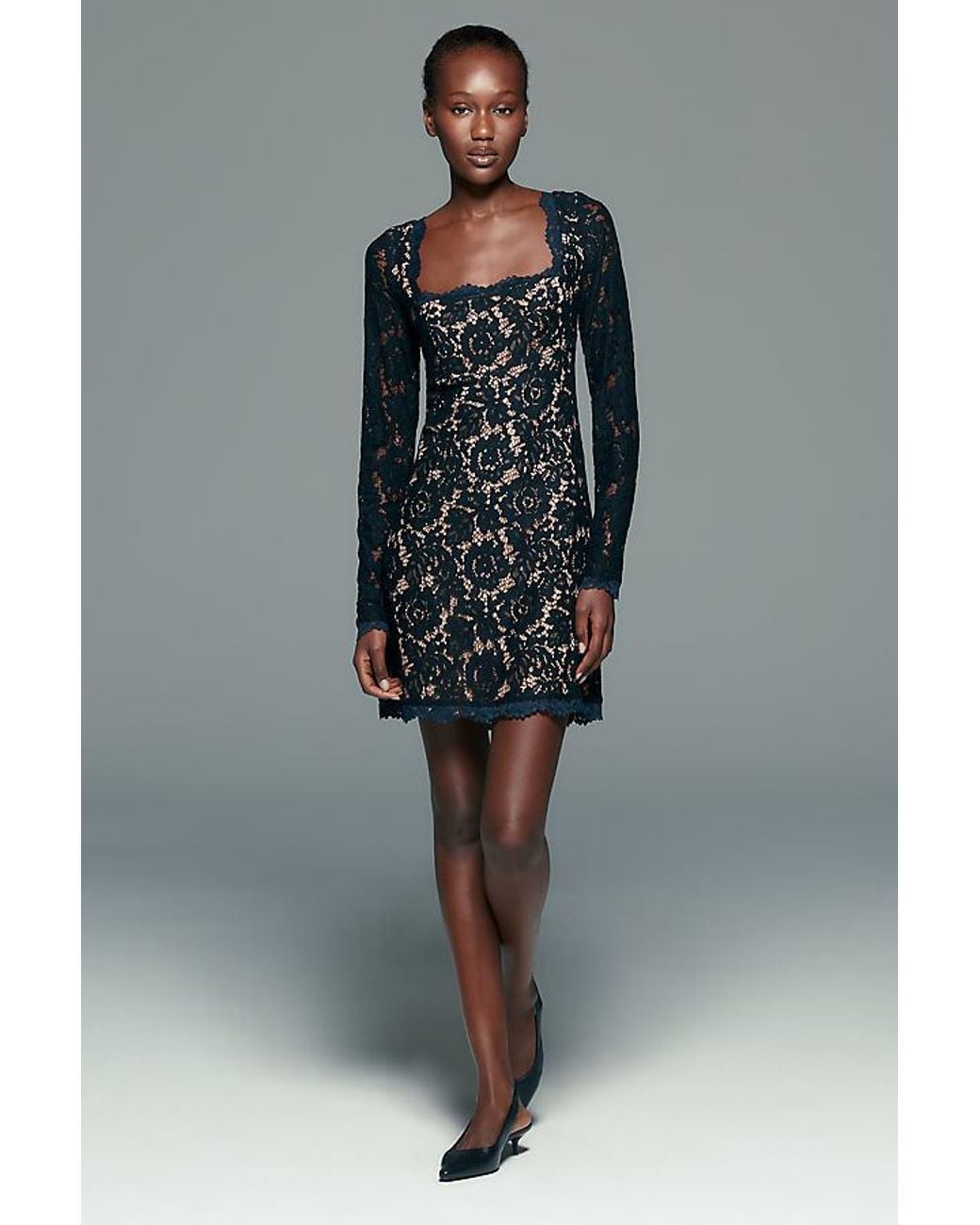 By Anthropologie Gray Lace Square Neck Mini Dress