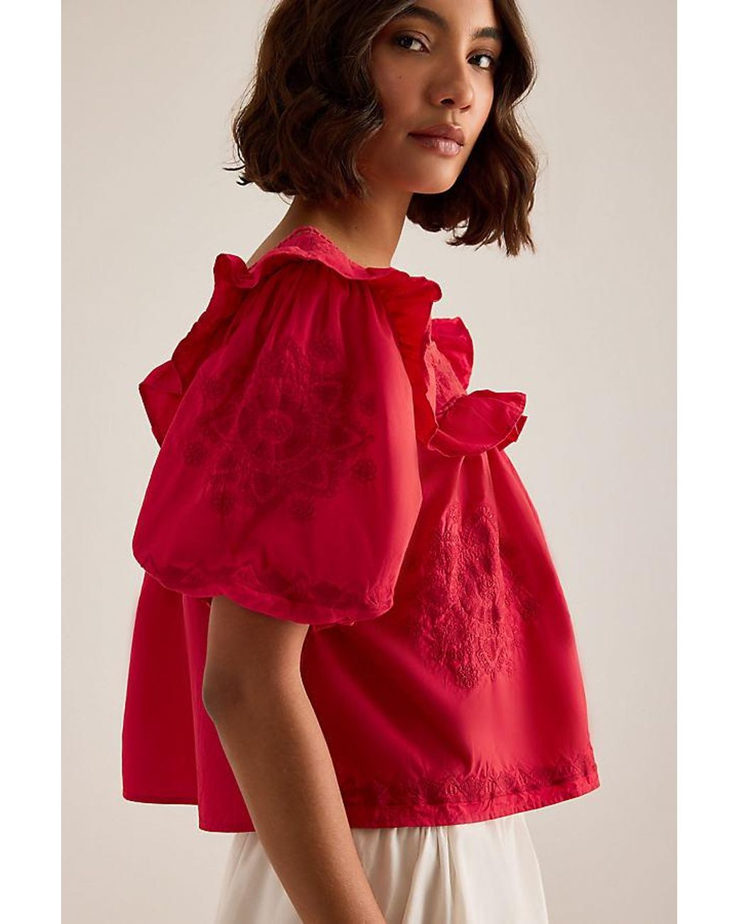 By Anthropologie Ruffle Puff-Sleeve Embroidered Blouse