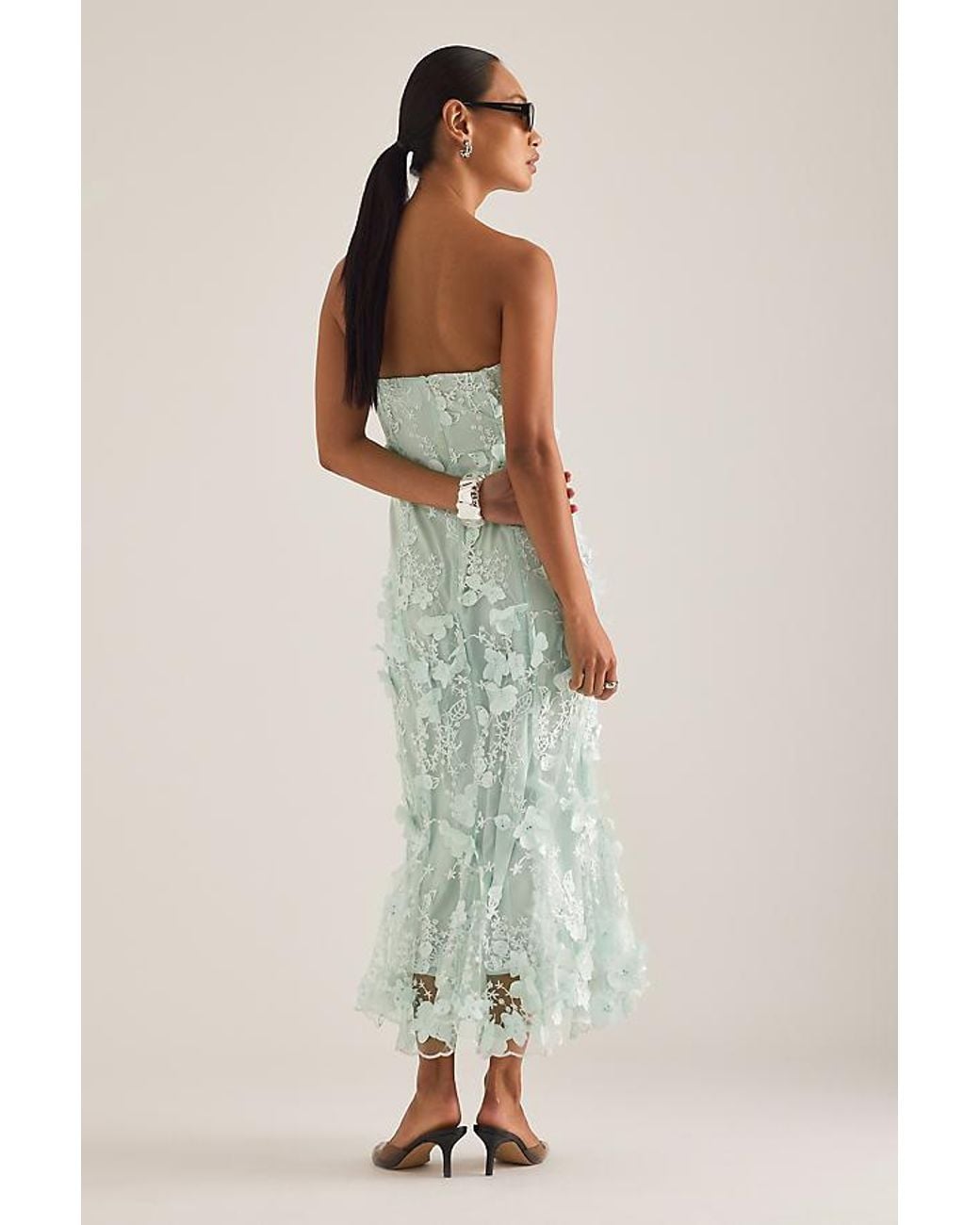 OperaSPORT Natural Naya 3D Floral Strapless Midi Dress