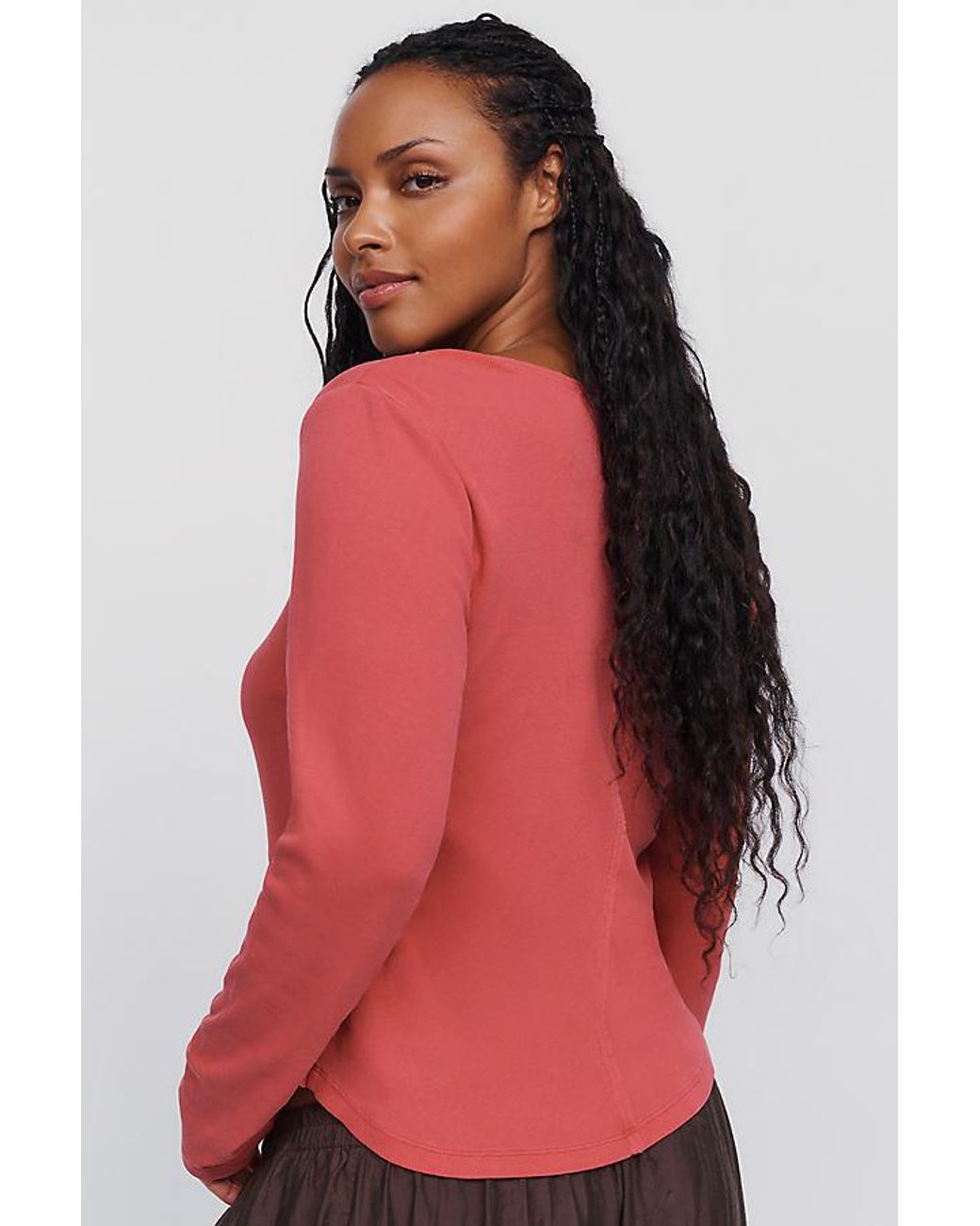 Pilcro Red Ribbed Long-Sleeve Henley Top