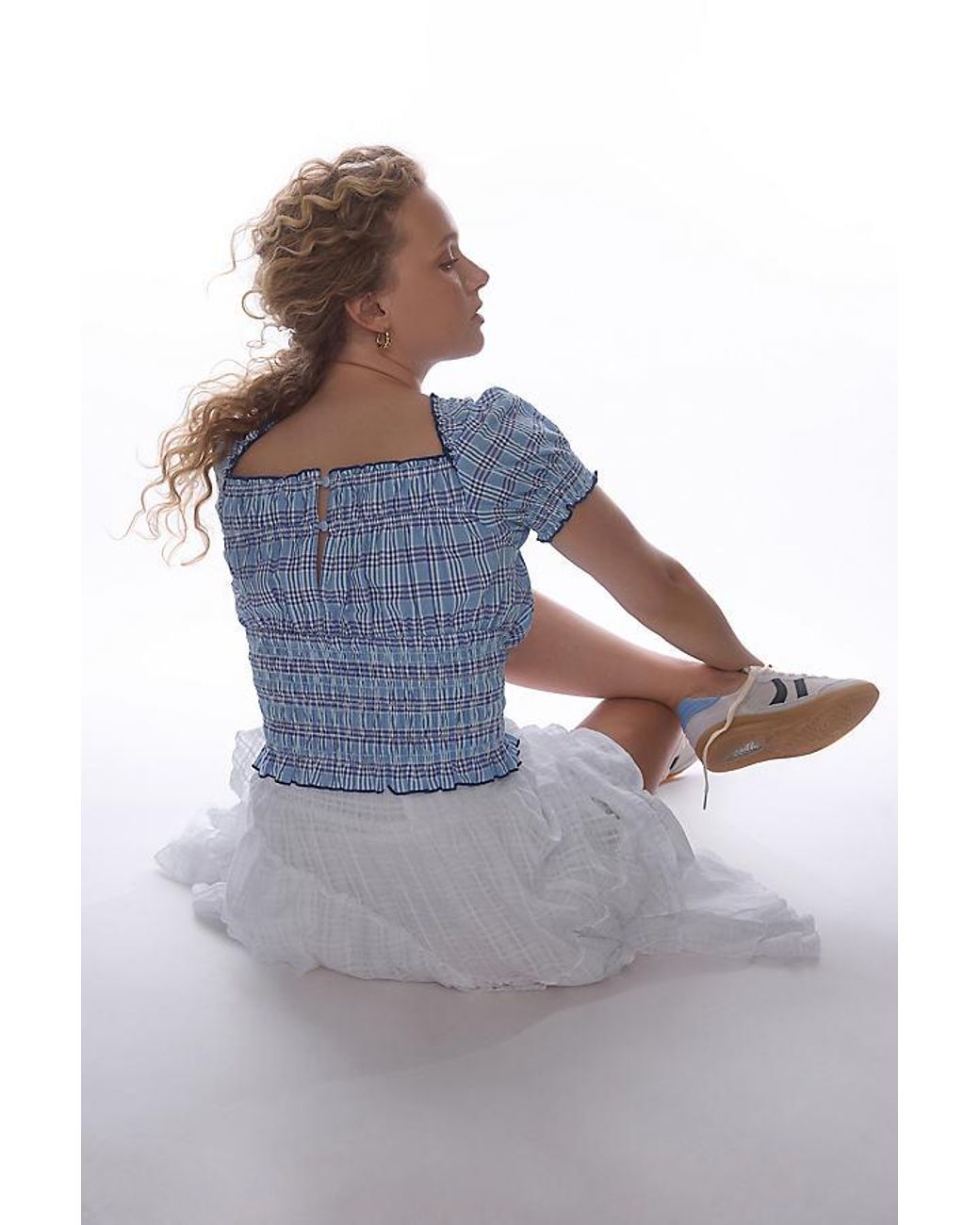 Maeve Blue Smocked Puff-Sleeve Gingham Top