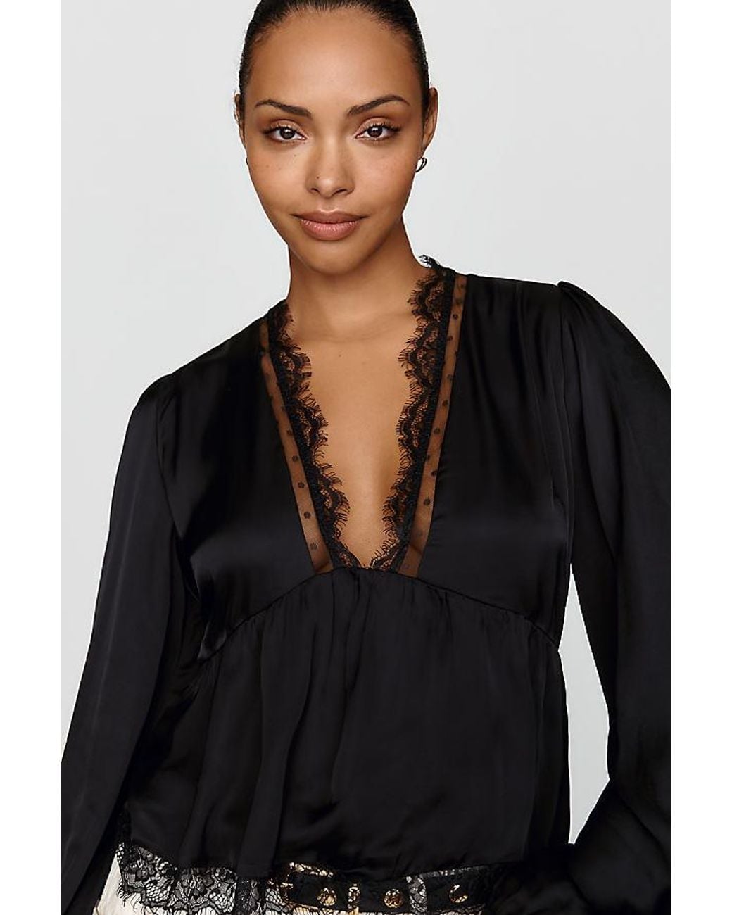 By Anthropologie Black Satin Lace Trimmed Plunge Blouse