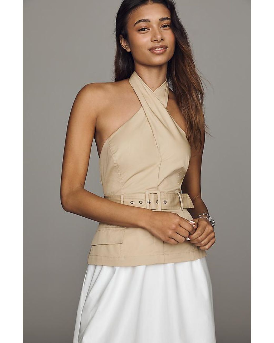 Astr Gray Aleda Twofer Halter Belted Midi Dress
