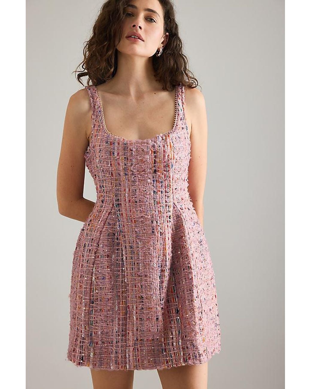 Maeve Sleeveless Tweed Fit & Flare Mini Dress in Pink | Lyst UK