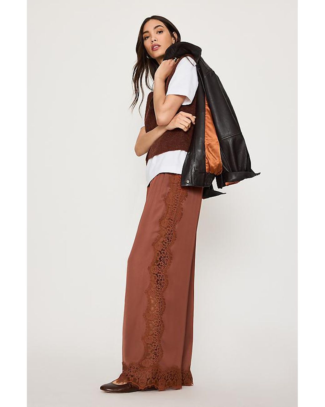 By Anthropologie Brown Satin Lace Wide-Leg Trousers
