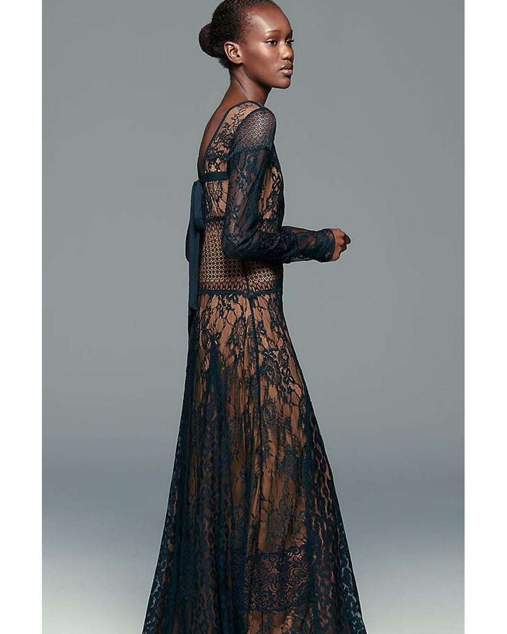 By Anthropologie Gray Long-Sleeve Mixed Lace Maxi Dress