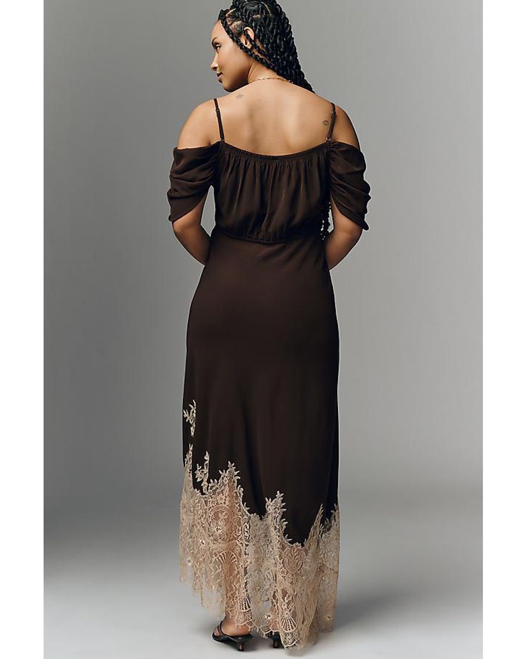 Bl-nk Black Satin Off-Shoulder Lace Midi Dress