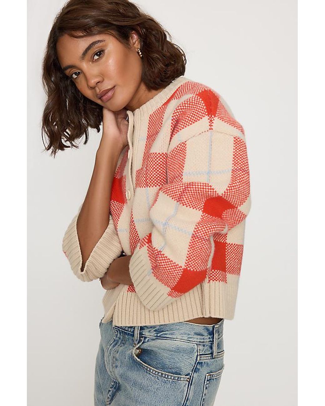 The Tiny Big Sister Red 100% Wool Check Cardigan