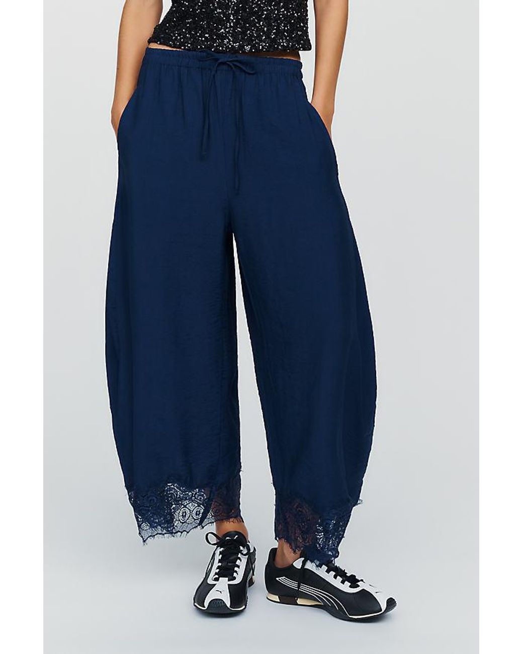 By Anthropologie Blue Reverie Cropped Lace-Hem Trousers