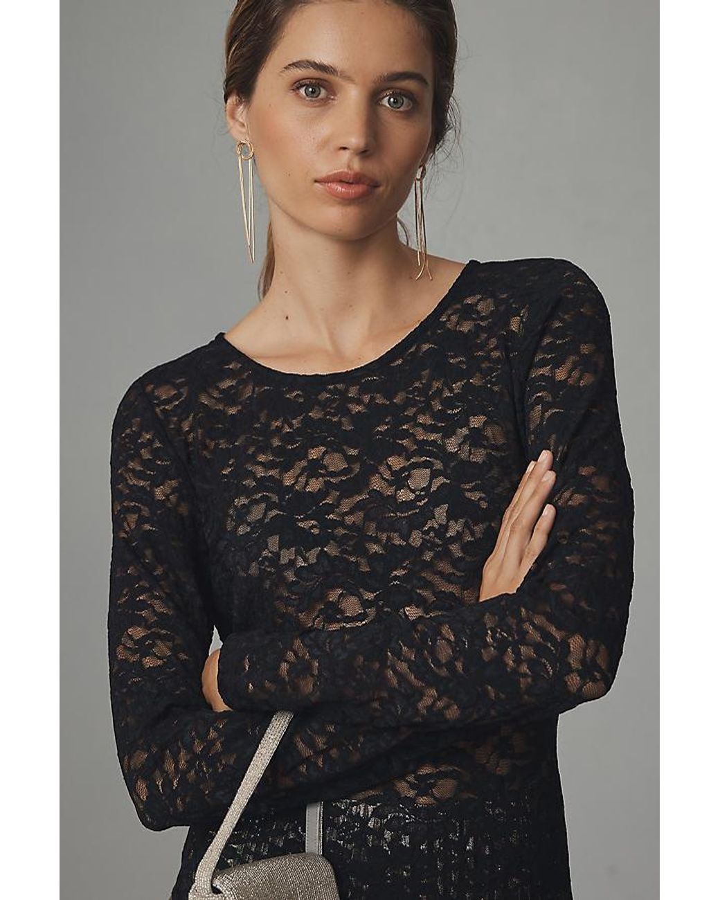 By Anthropologie Gray Long-Sleeve Lace Top