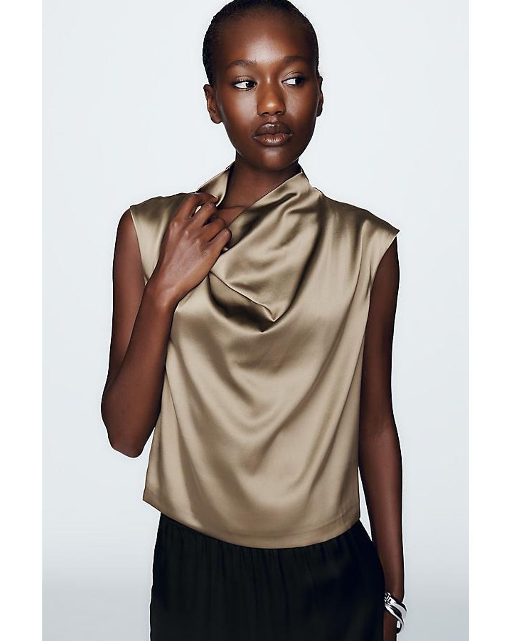 By Anthropologie Green Stretch Silk Cowl-Neck Top