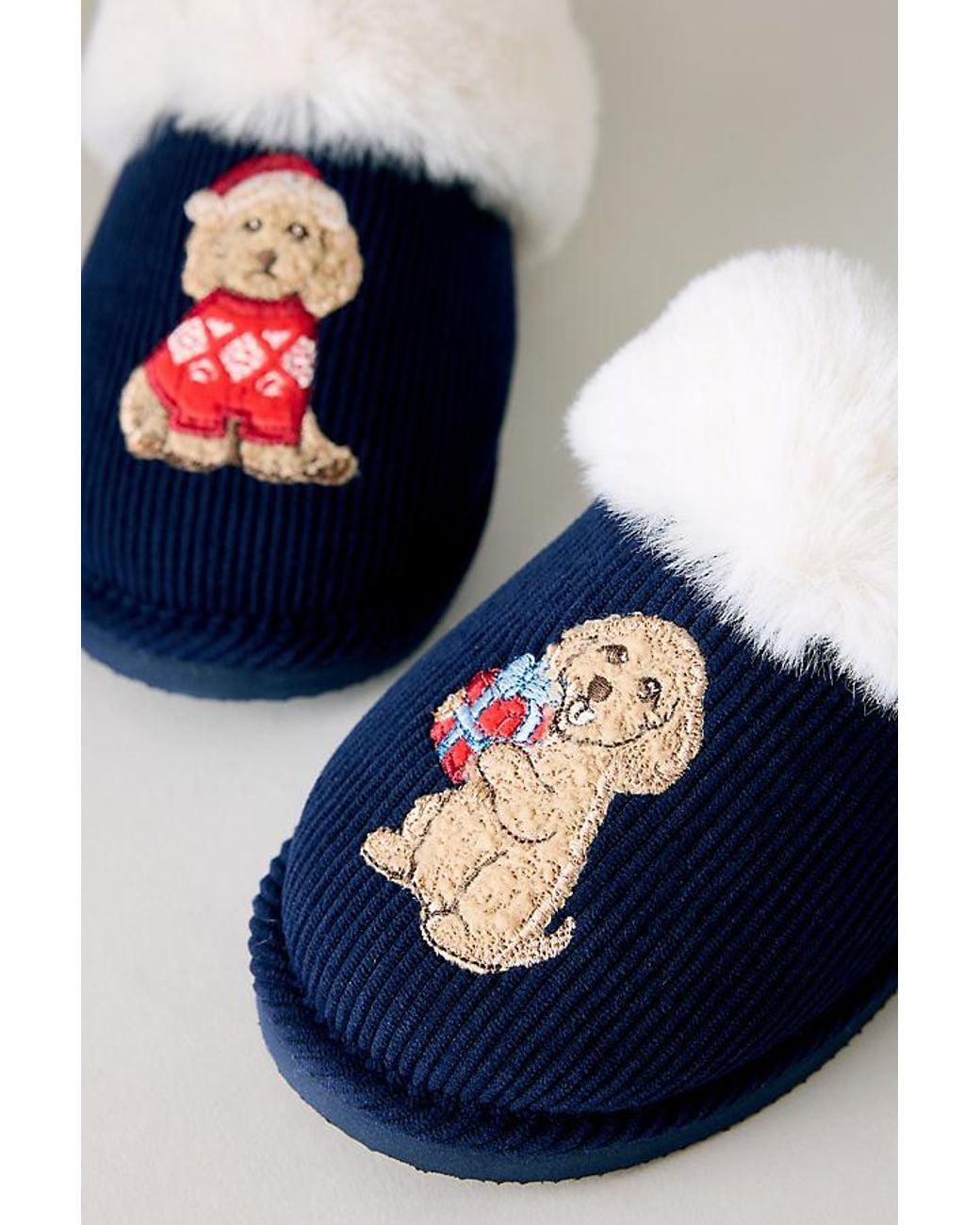 Chelsea Peers Blue Corduroy Embroidered Slippers