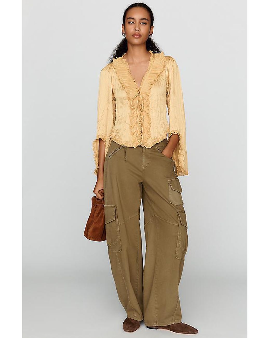 By Anthropologie Natural Mariana Satin Ruffled Tie-Front Blouse
