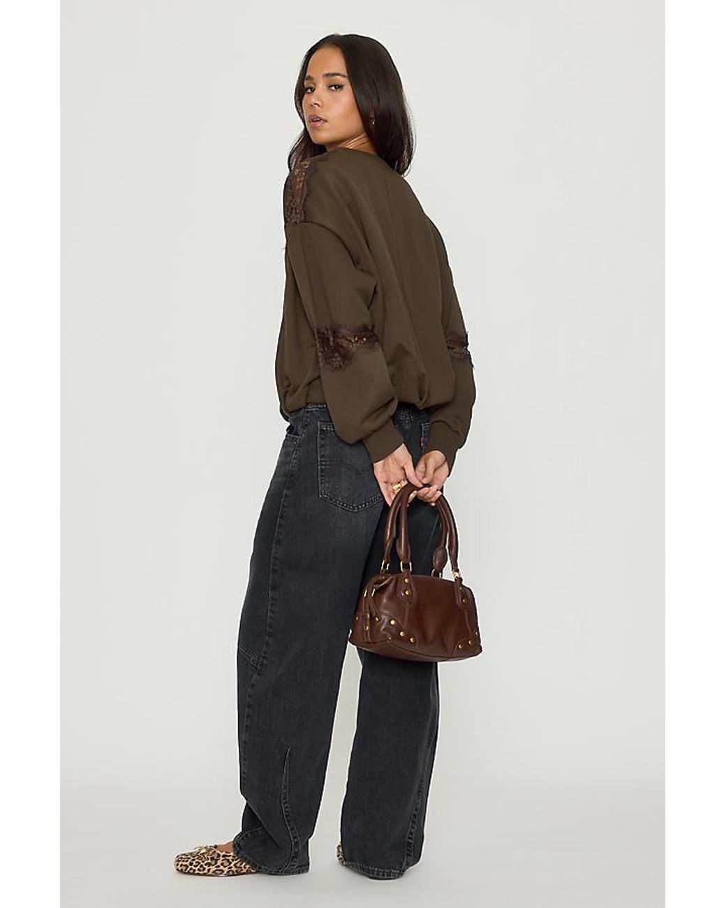 By Anthropologie Brown Lace Trim Sweatshirt
