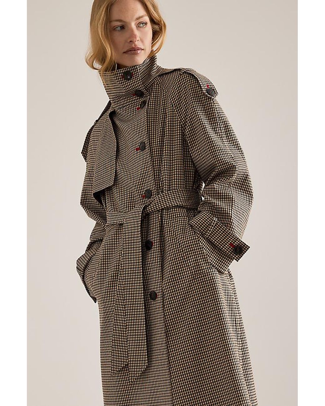 By Anthropologie Natural Lottie Check Maxi Trench Coat