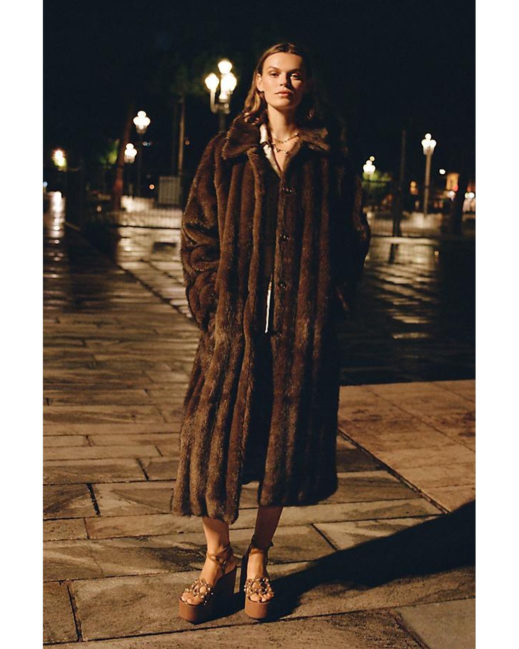 Maeve Brown Faux-Fur Channeled Long Coat