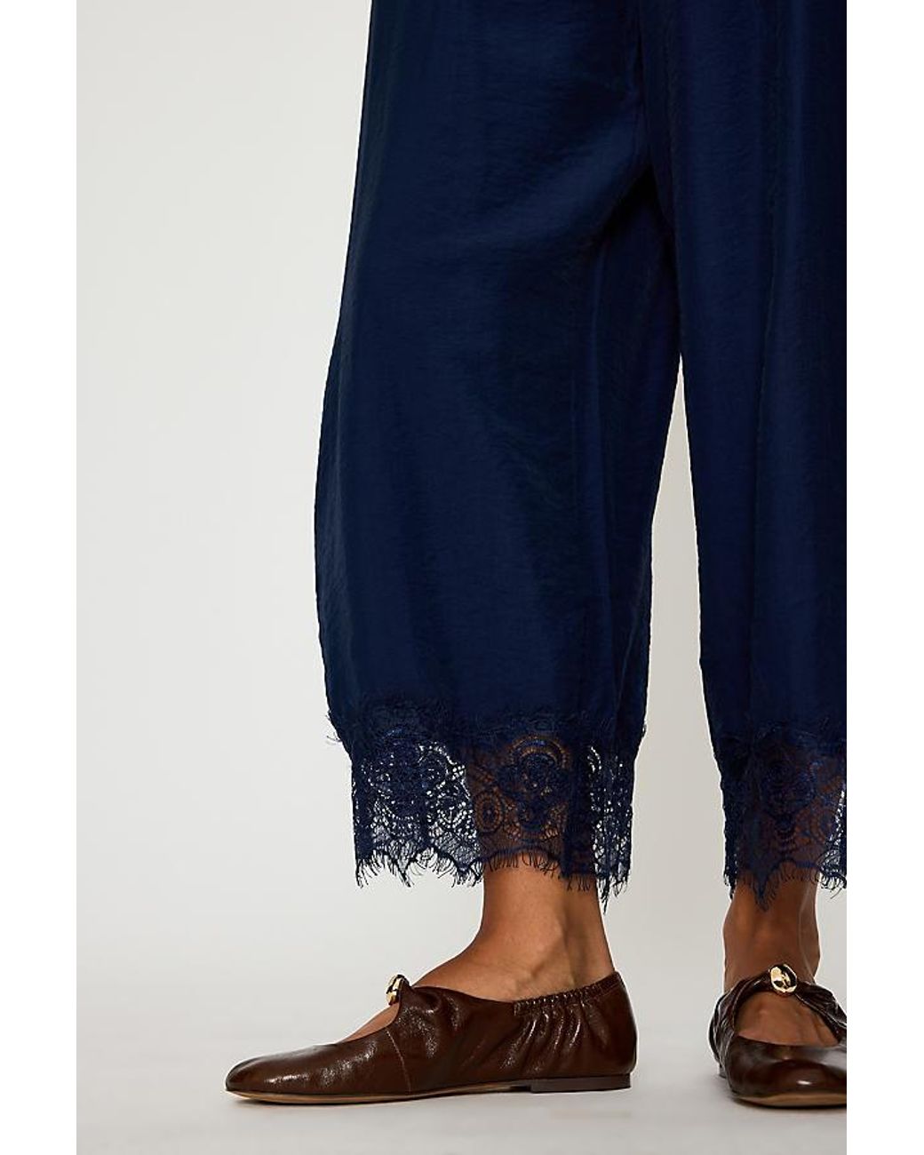 By Anthropologie Blue Reverie Cropped Lace-Hem Trousers