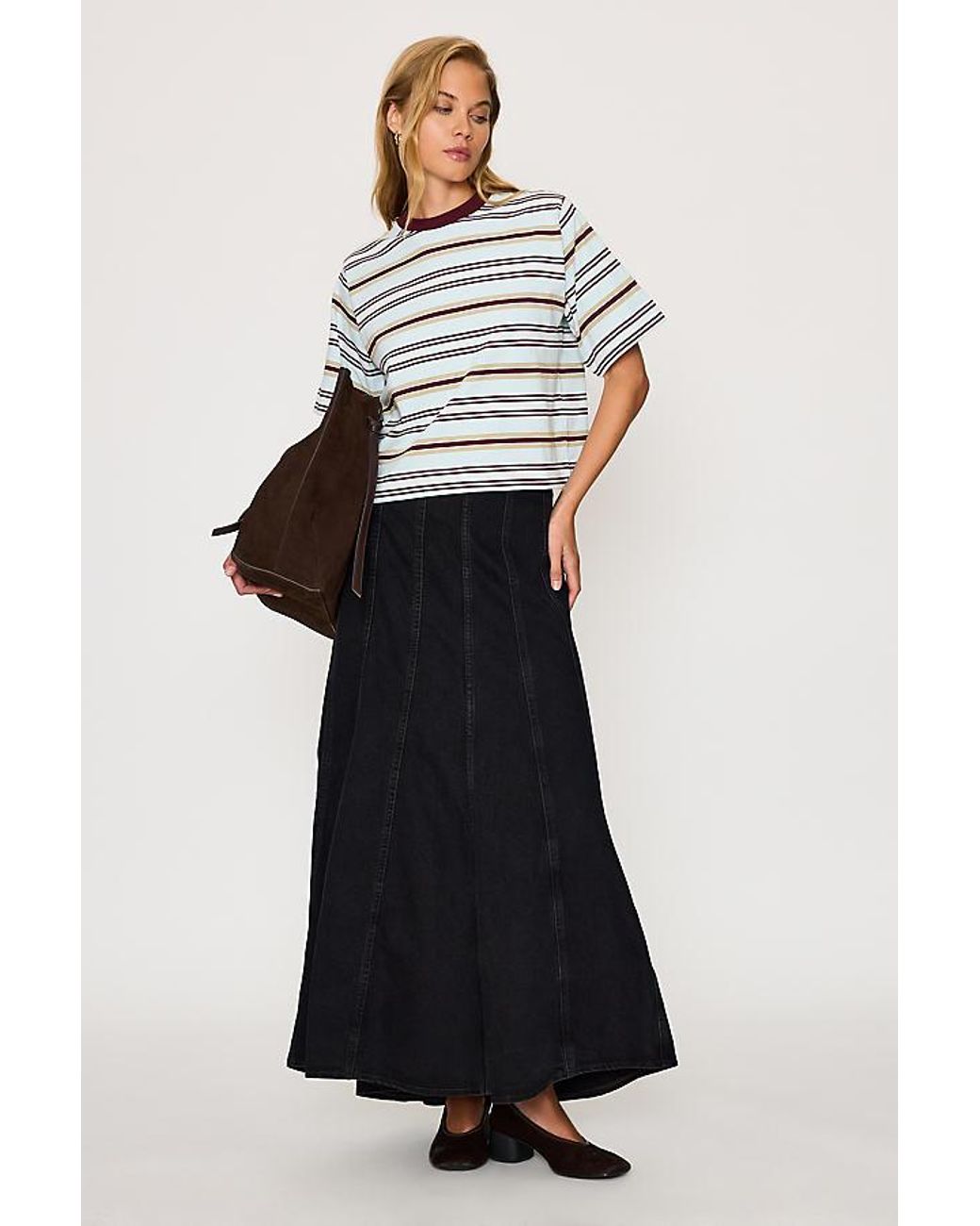 By Anthropologie Gray Boxy Stripe T-Shirt