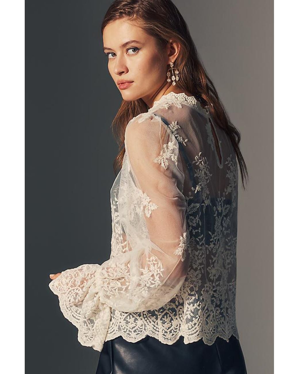 By Anthropologie White Sheer Lace High-Neck Blouse