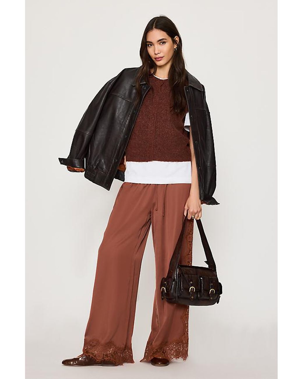 By Anthropologie Brown Satin Lace Wide-Leg Trousers