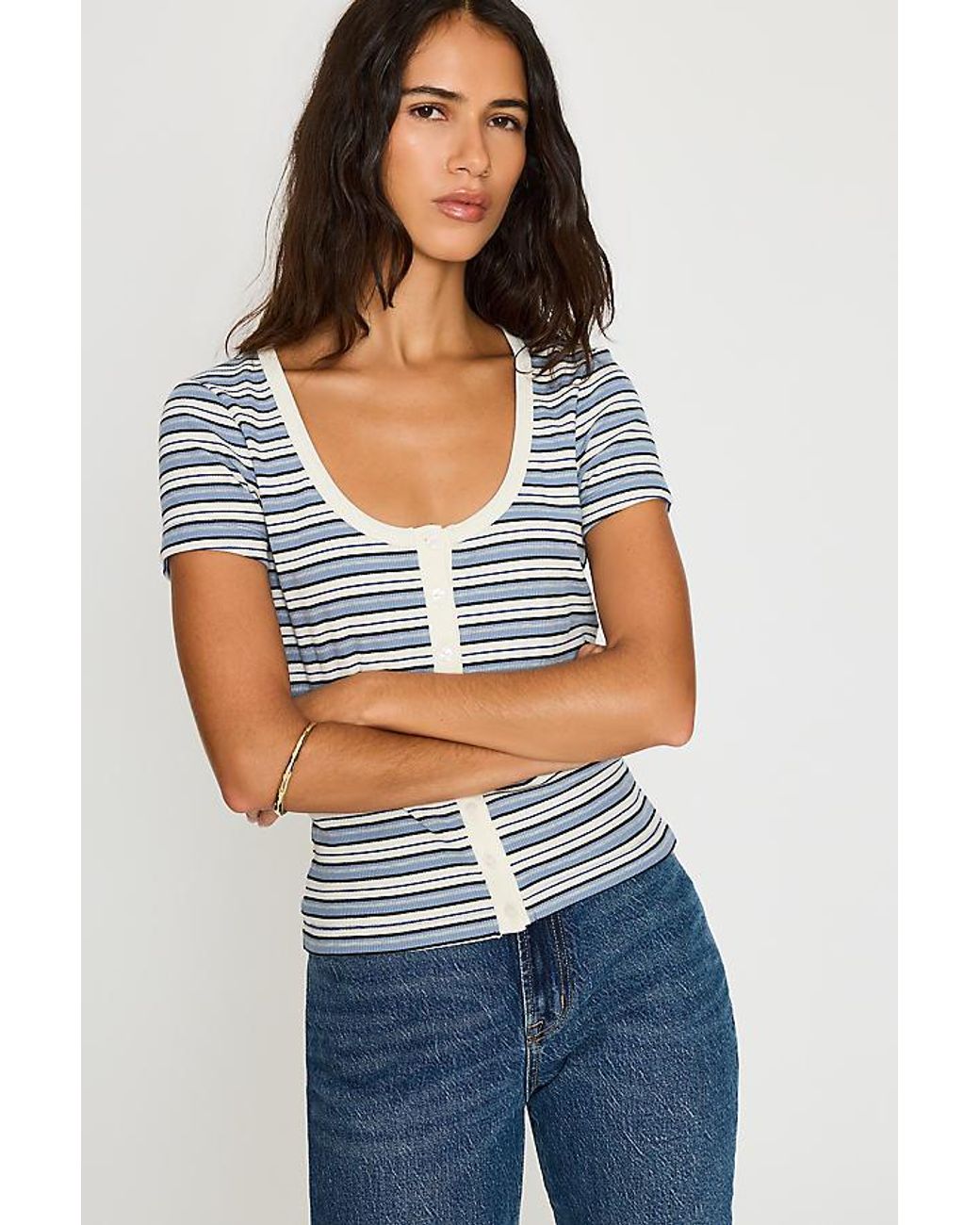 By Anthropologie Blue Scoop-Neck Stripe Ribbed Top