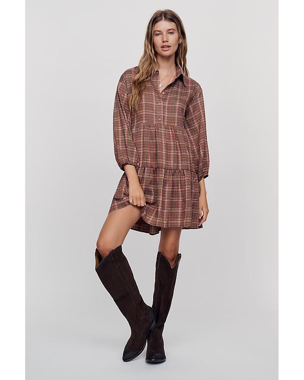 Maeve Brown The Bettina Tiered Plaid Mini Shirt Dress By