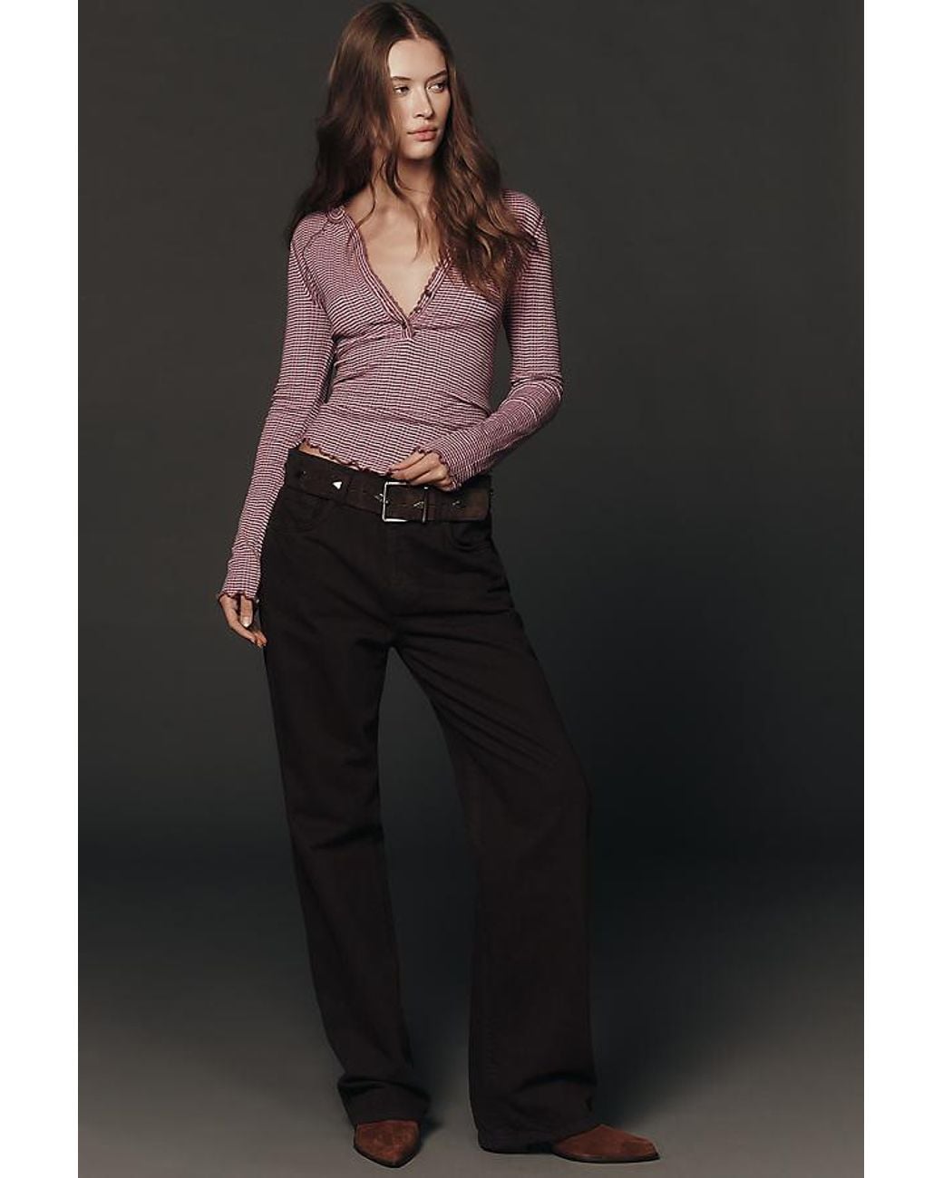 Pilcro Brown Long-Sleeve Ruffled Lace-Trim Top