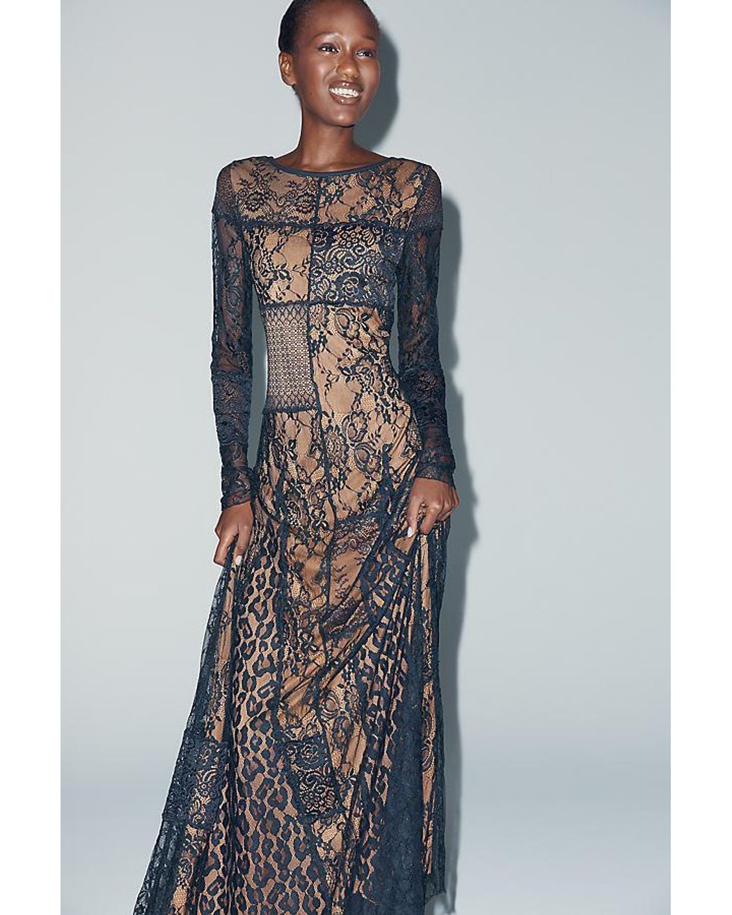 By Anthropologie Gray Long-Sleeve Mixed Lace Maxi Dress