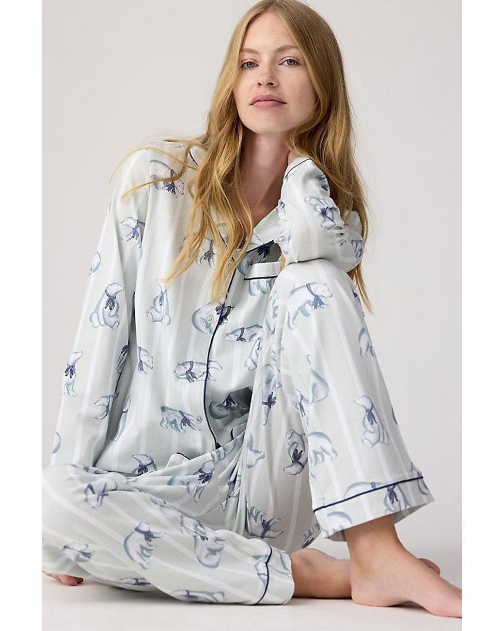 Chelsea Peers White Polar Bear Stripe Print Long Pyjama Set