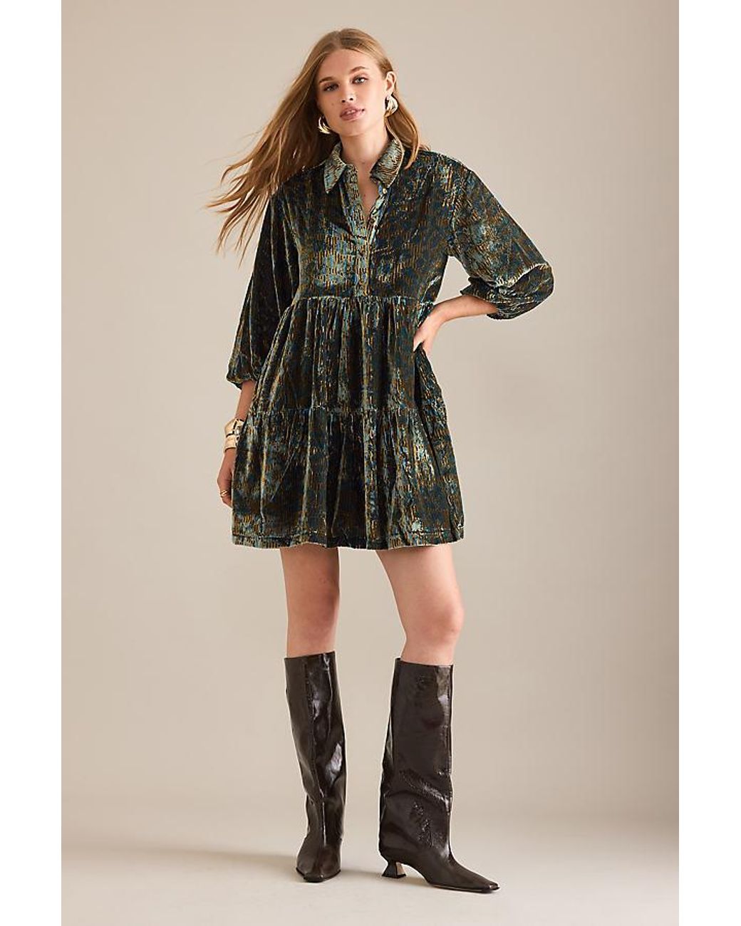 Maeve The Bettina Tiered Shirt Dress By Mini Velvet Edition in Green | Lyst  UK