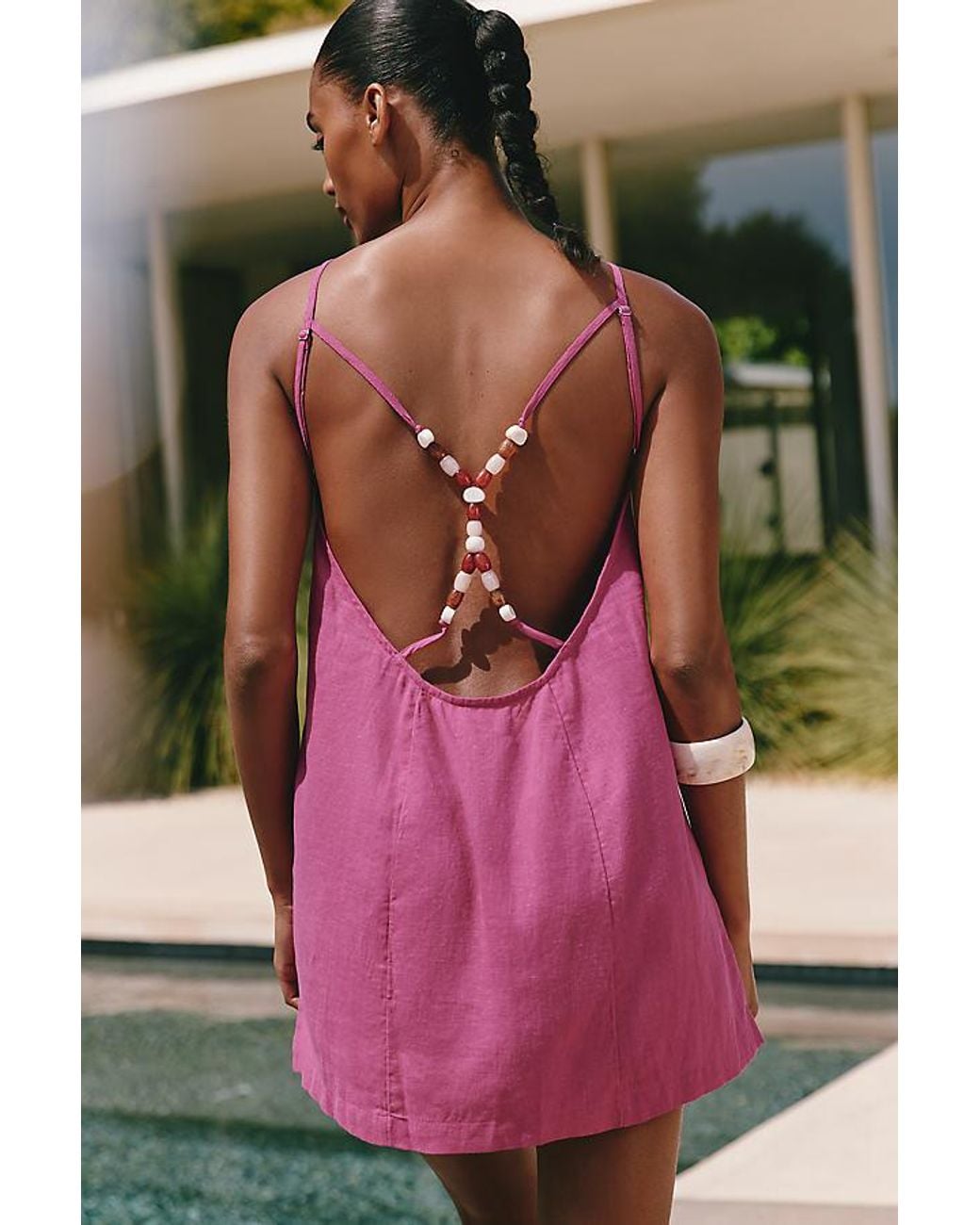 Celandine Pink Linen-Blend Beaded Cross-Back Mini Dress