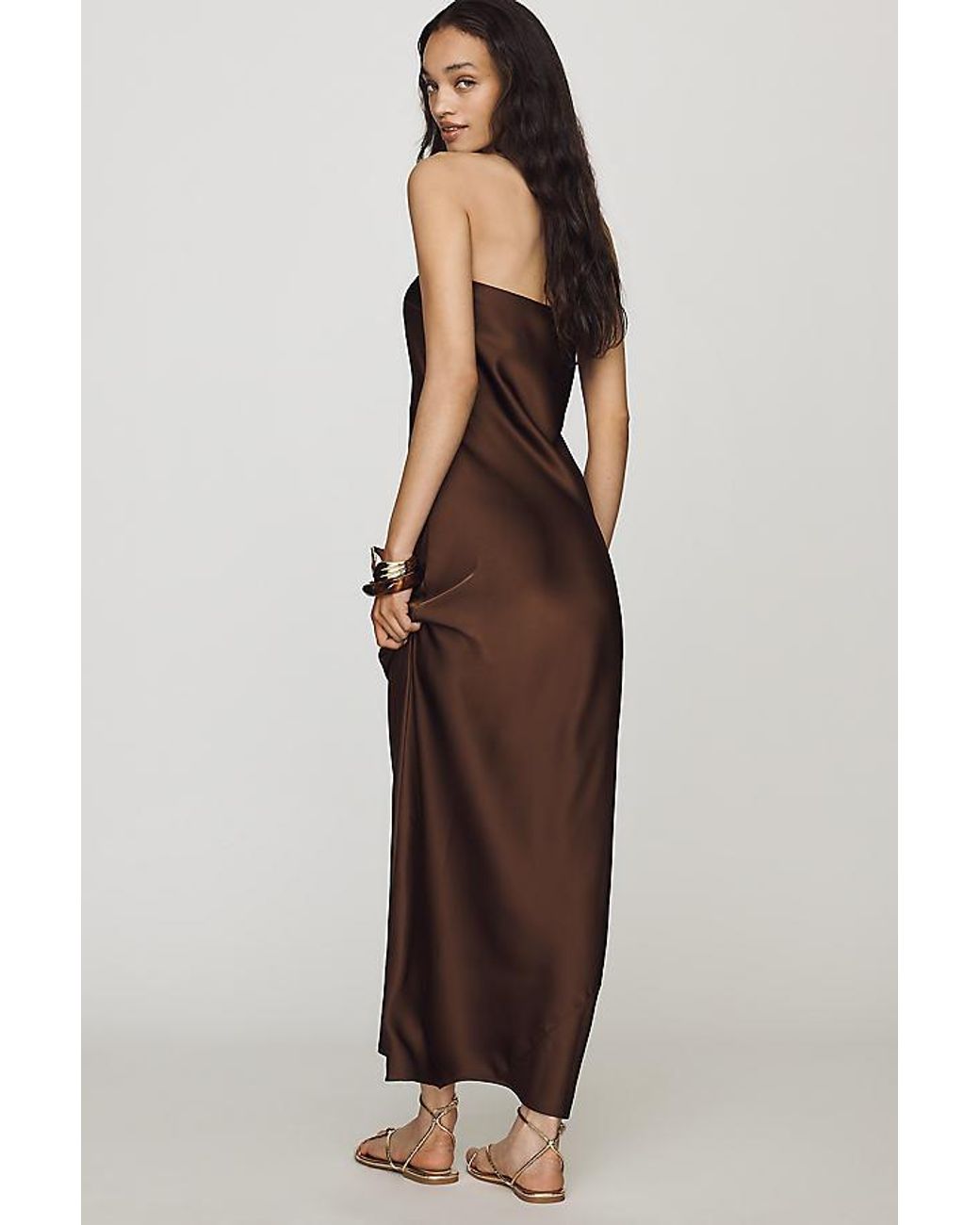 By Anthropologie Brown The Fleur Strapless Satin Maxi Slip Dress