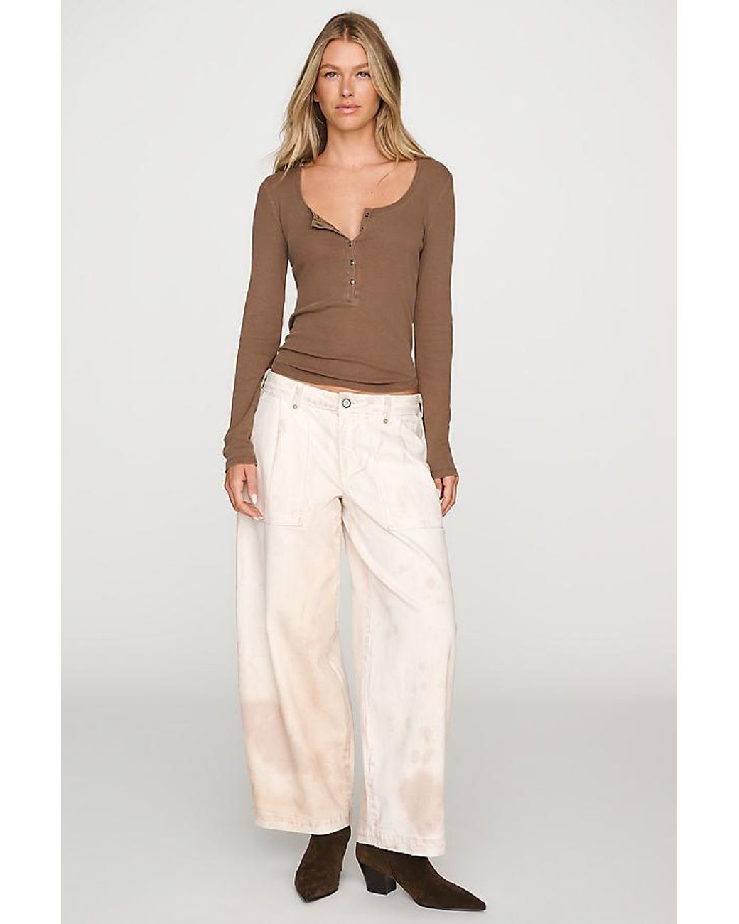 Pilcro Brown Ribbed Long-Sleeve Henley Top