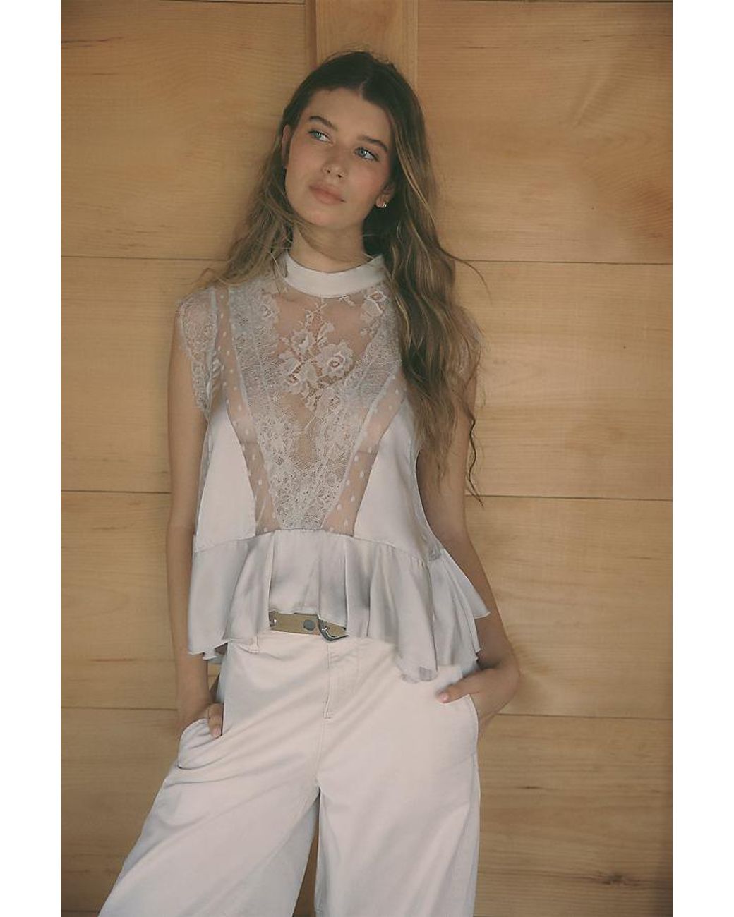 By Anthropologie Natural Harmony Sheer Lace Peplum Blouse