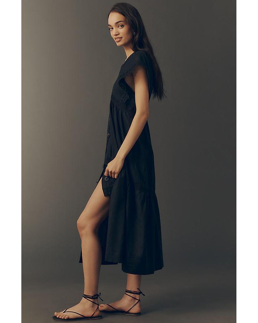 By Anthropologie Blue The Reneé Linen-Blend Button-Front Midi Dress