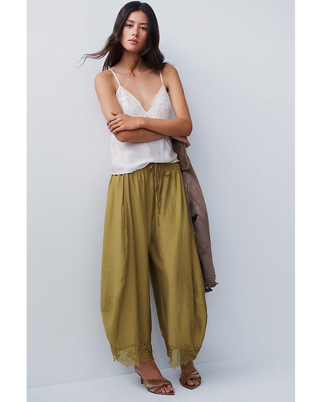 By Anthropologie Natural Reverie Cropped Lace-Hem Trousers