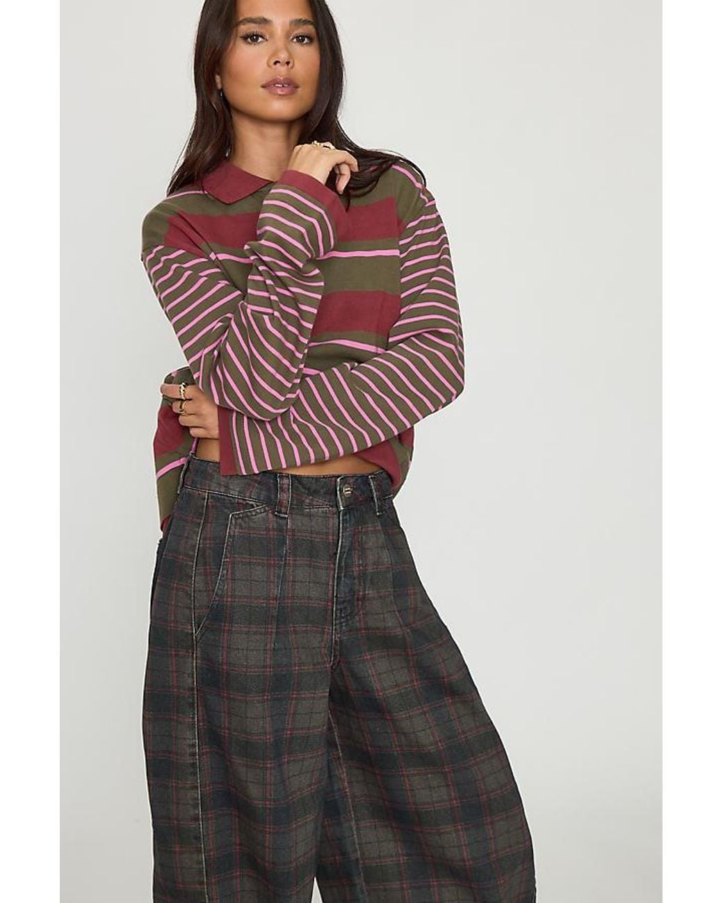 Damson Madder Red Erika Check Mid-Rise Barrel Jeans