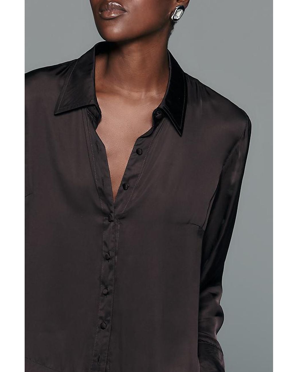 By Anthropologie Gray Satin Fringe-Hem Button-Front Blouse