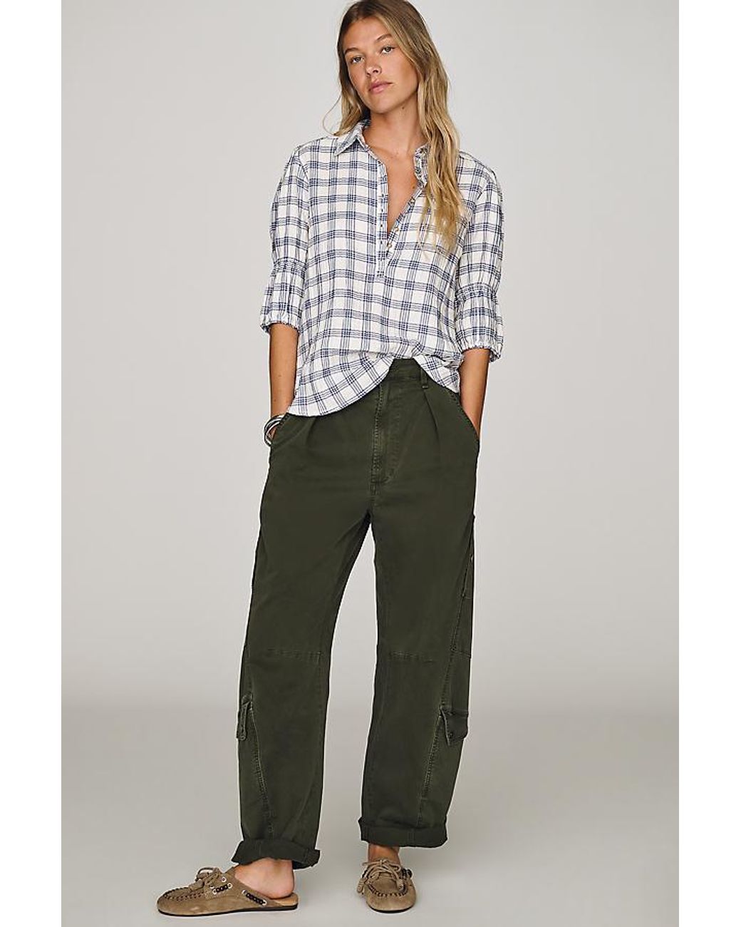 Pilcro Gray Tallulah Puff-Sleeve Buttondown Top