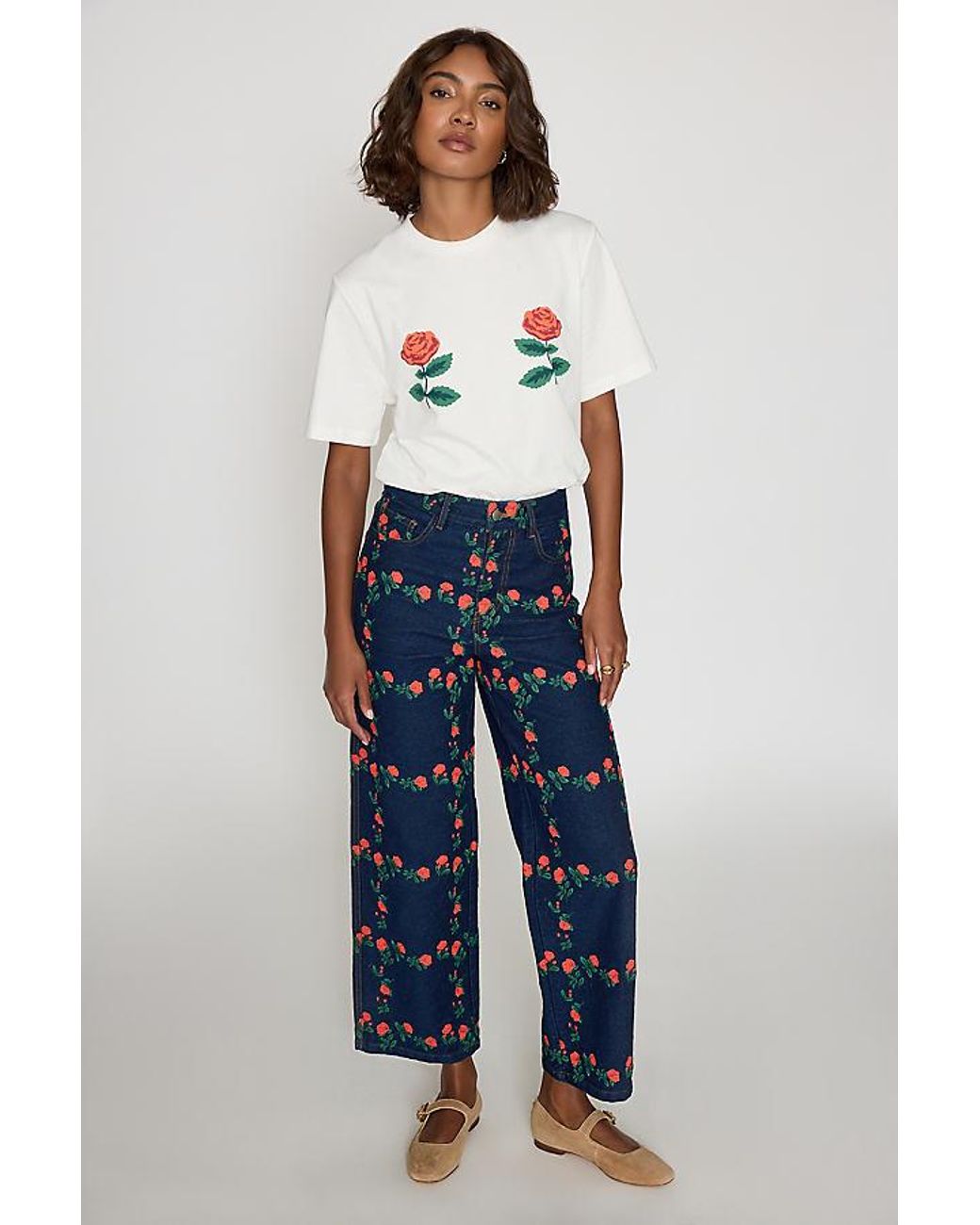 The Tiny Big Sister Blue Floral Embroidered Wide-Leg Jeans