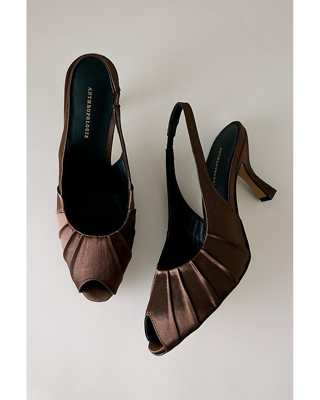By Anthropologie Brown Satin Ruched Peep-Toe Heels