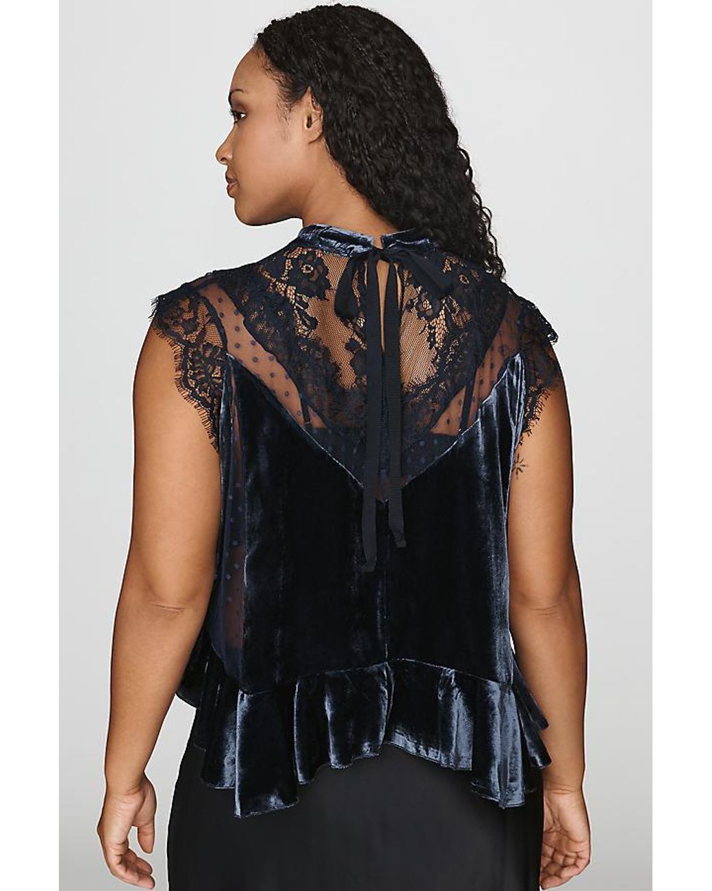 By Anthropologie Blue Harmony Velvet Lace Peplum Blouse