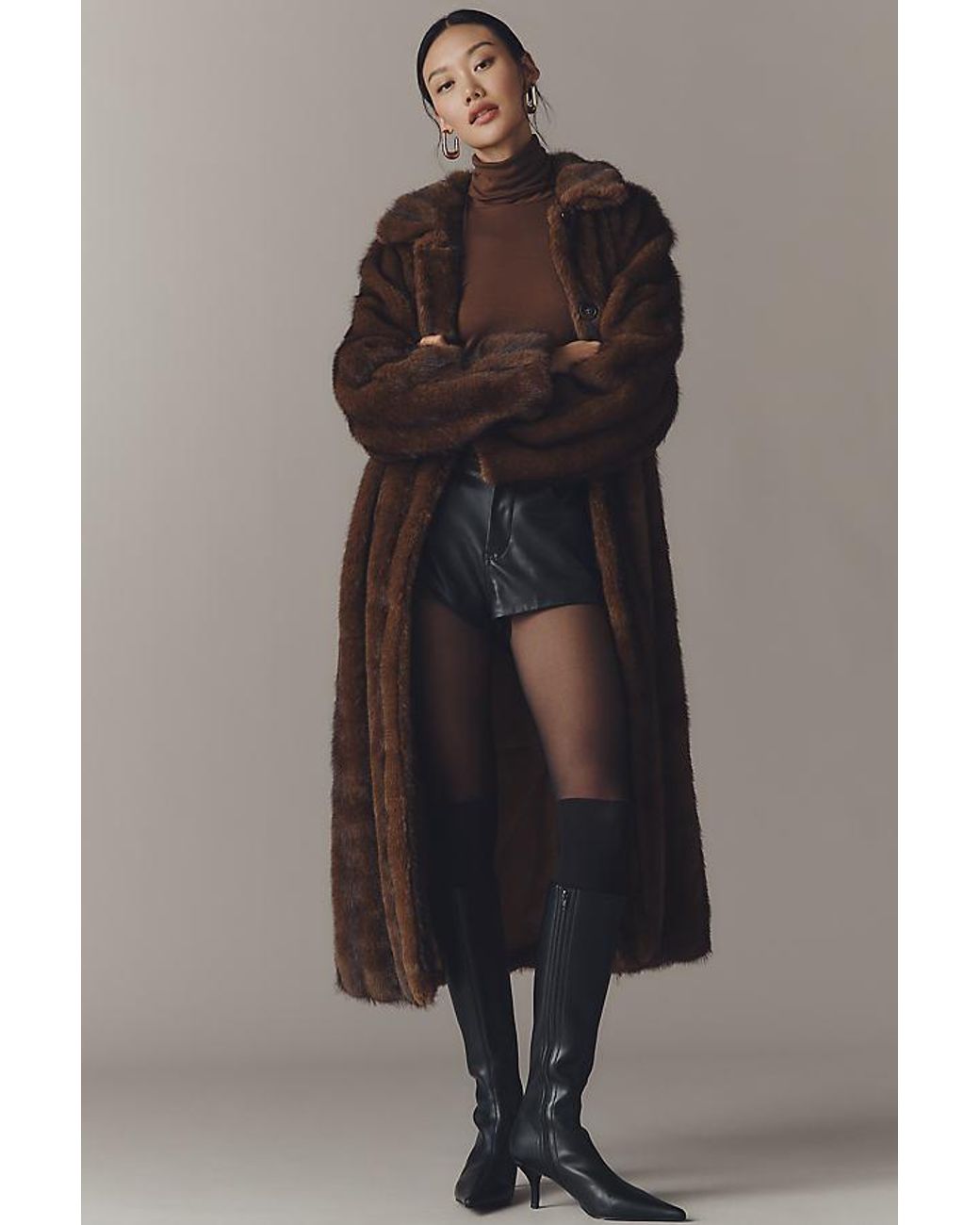 Maeve Brown Faux-Fur Channeled Long Coat