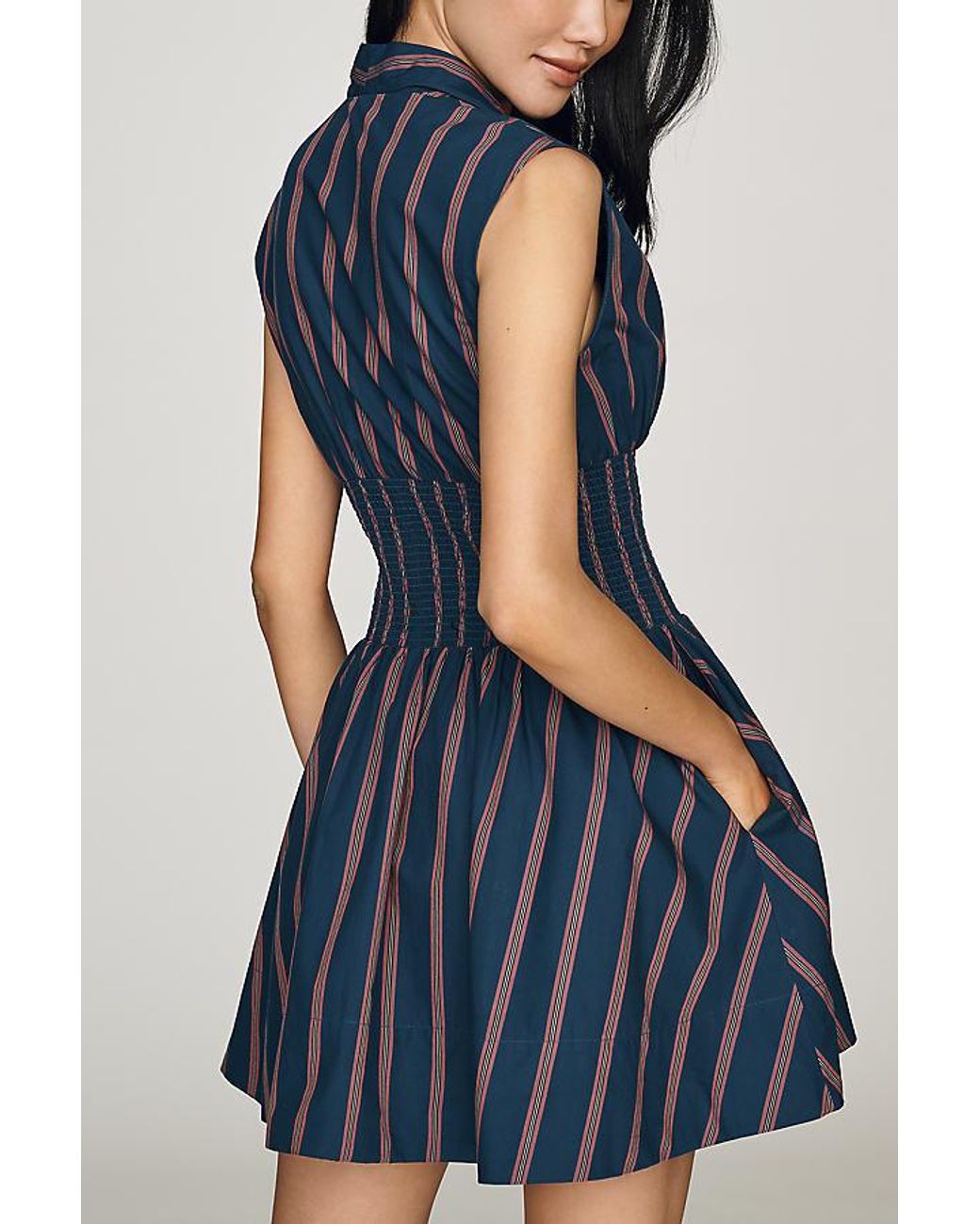 By Anthropologie Blue The Tommie Cap-Sleeve Smocked Front-Zip Shirt Dress: Stripe Edition