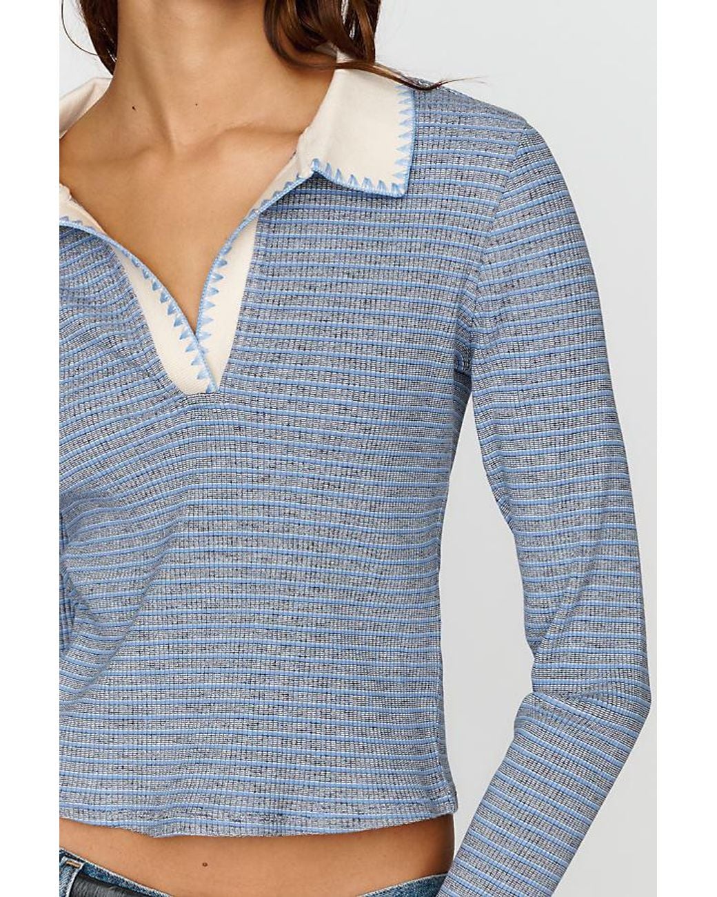 Pilcro Blue Cotton-Blend Stitchy Stripe Polo Top