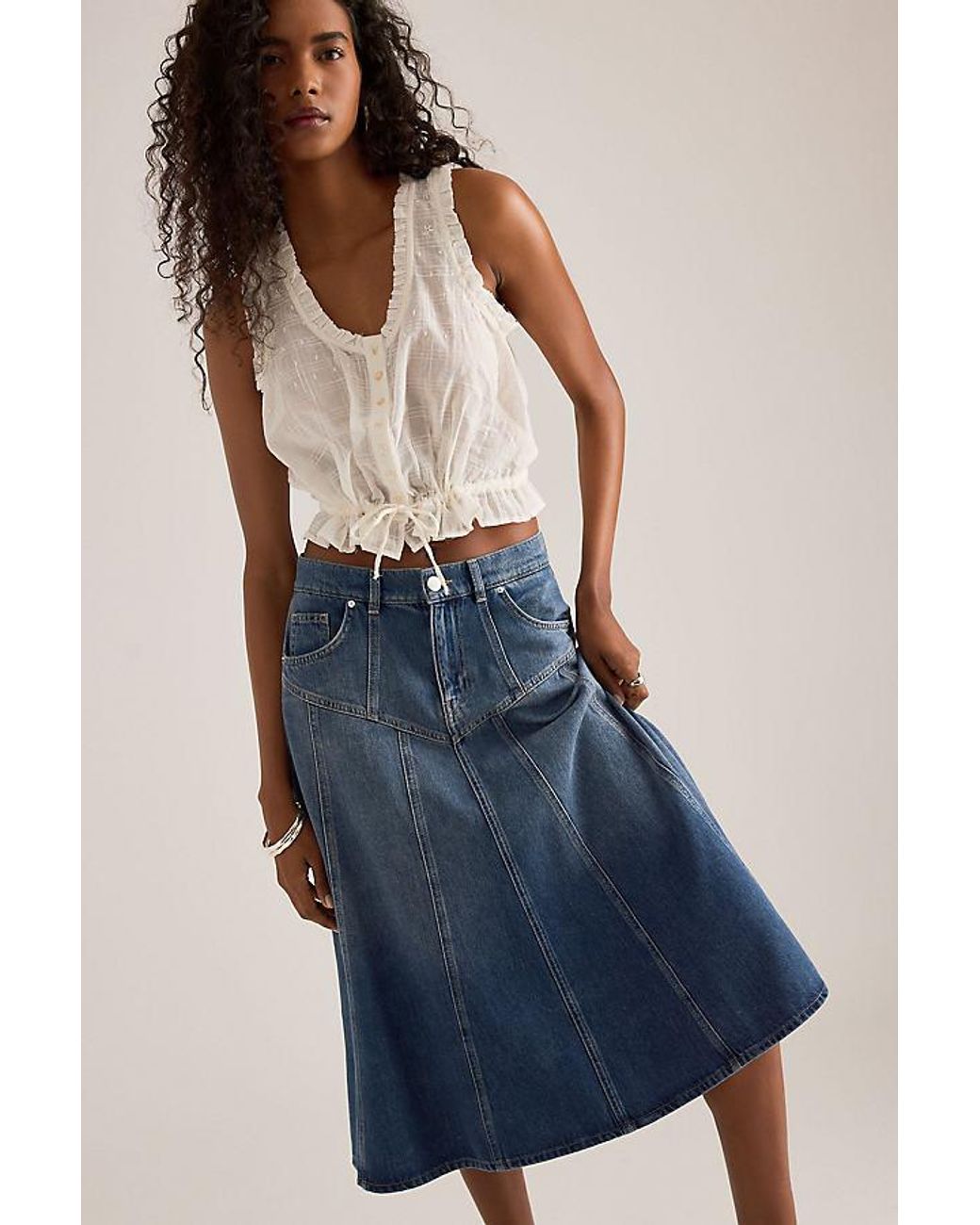 By Anthropologie Blue Seamed Denim Midi Skirt
