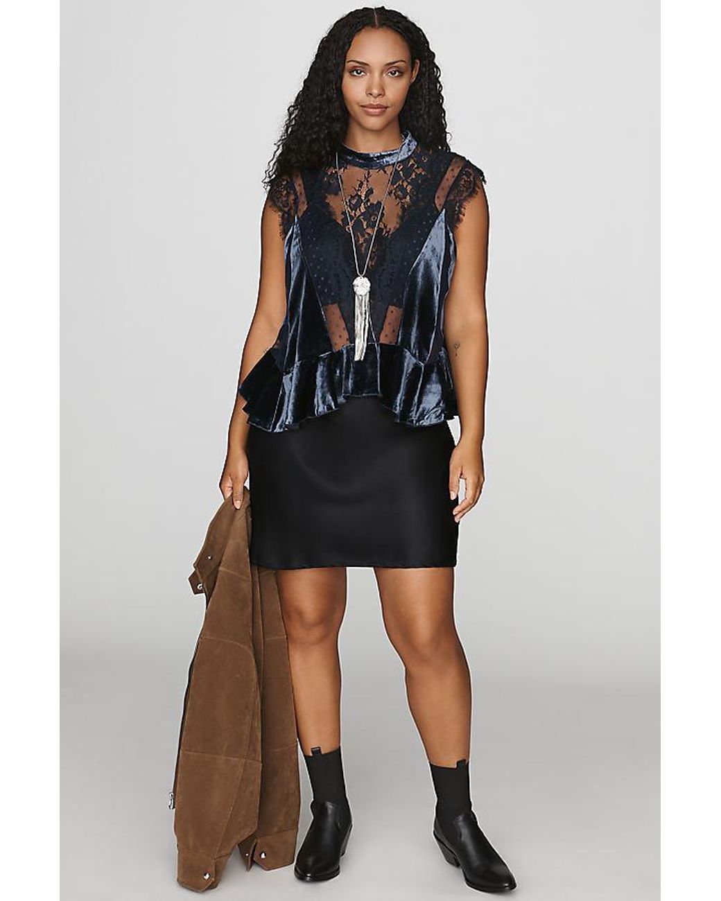 By Anthropologie Blue Harmony Velvet Lace Peplum Blouse