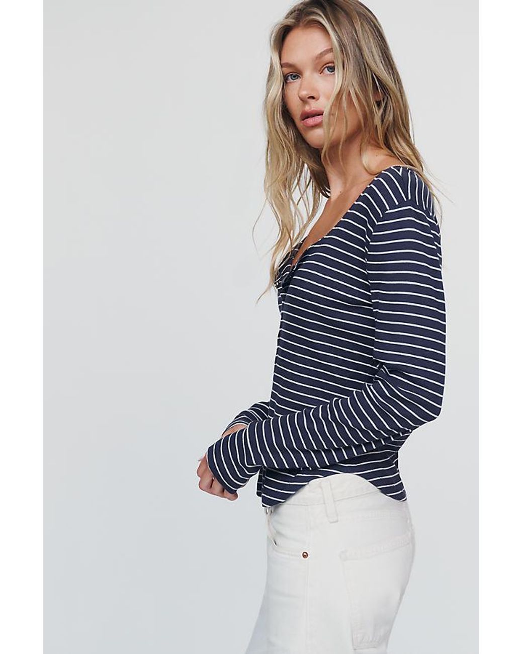 Pilcro Blue Ribbed Long-Sleeve Henley Top