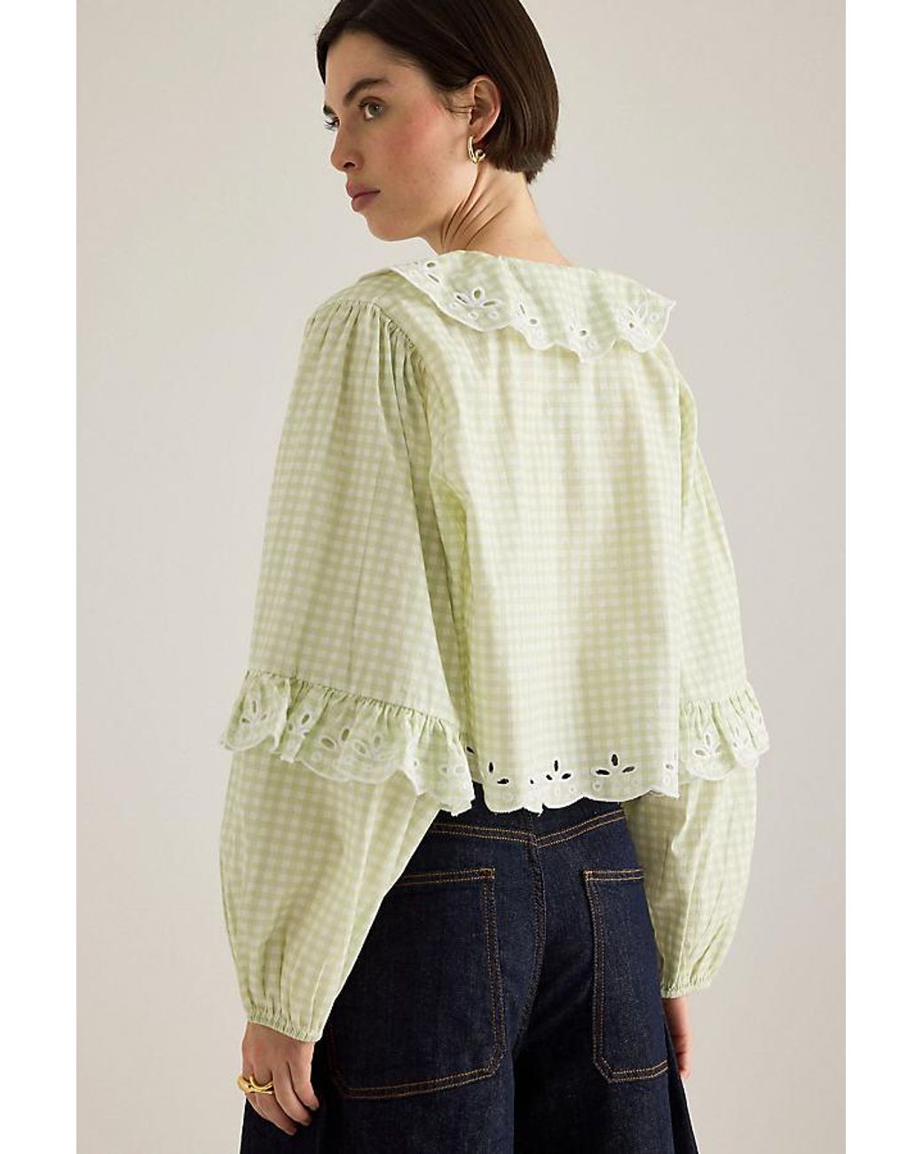 By Anthropologie Natural Gingham Tie-Front Blouse